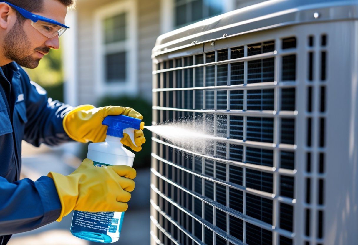Technician wearing safety gloves and goggles spraying chemical cleaner on an air conditioning condenser coil outdoors.