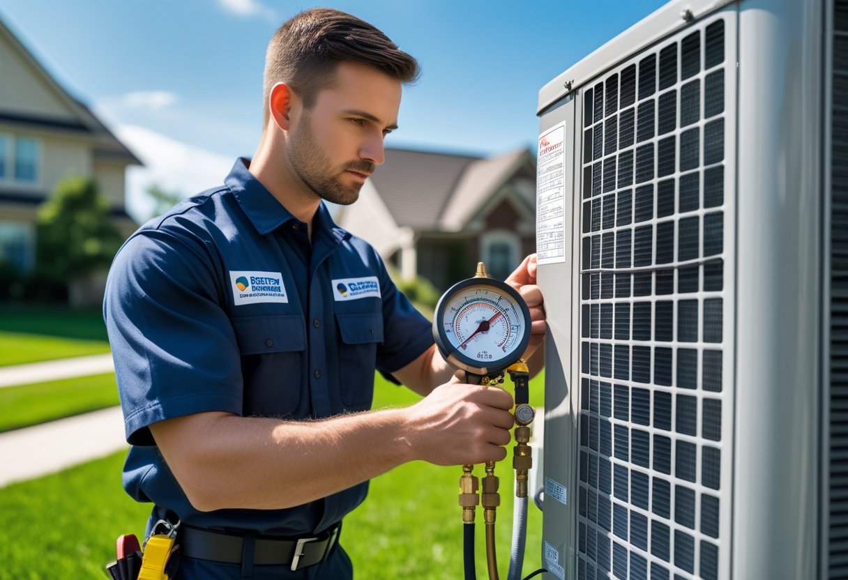 Technician inspecting an outdoor air conditioning unit with a refrigerant gauge in front of a residential home.