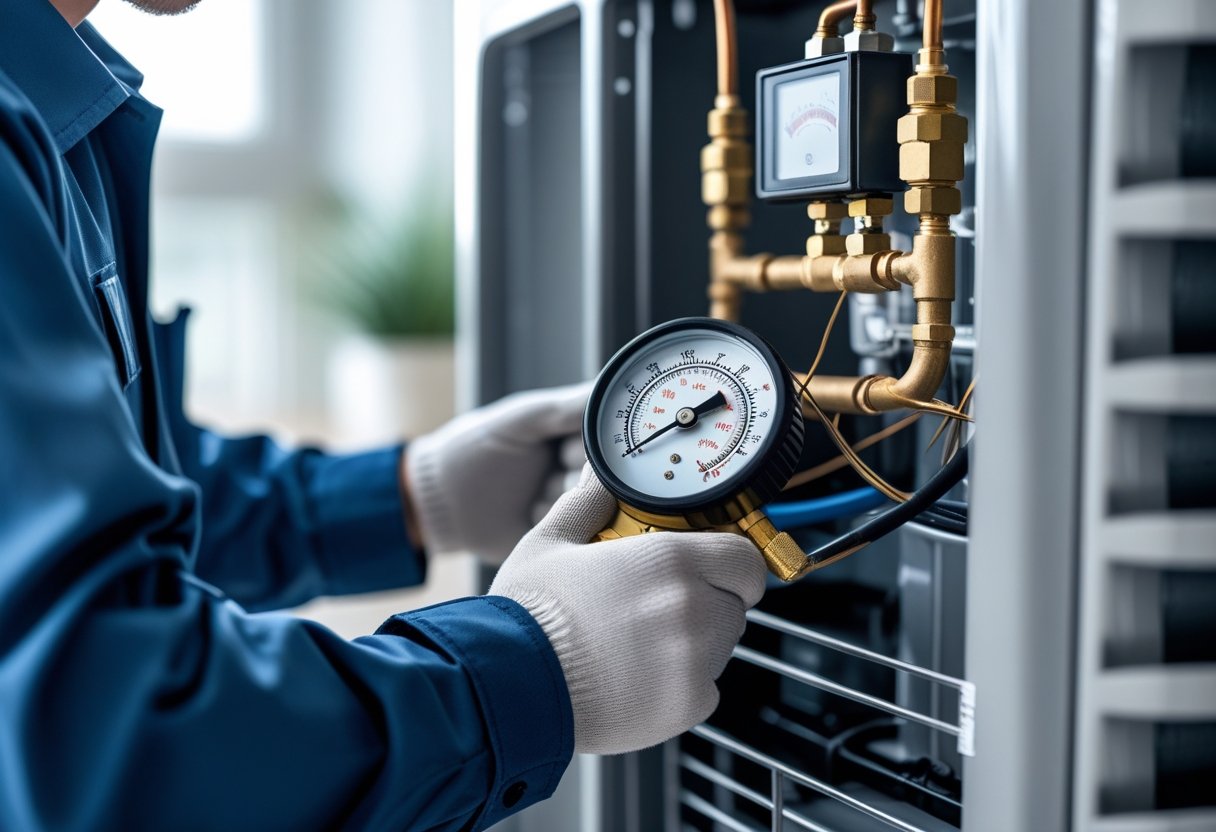 Technician inspecting an air conditioning unit with a digital refrigerant gauge indoors.
