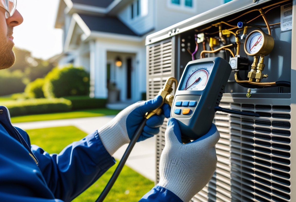 Technician wearing safety glasses and gloves checking refrigerant levels on an outdoor air conditioning unit using a digital gauge.