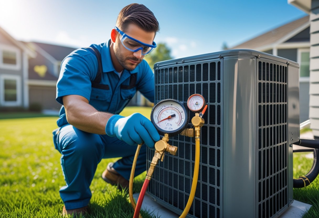 An HVAC technician in safety gear checking refrigerant levels on an outdoor air conditioner unit with a digital gauge.