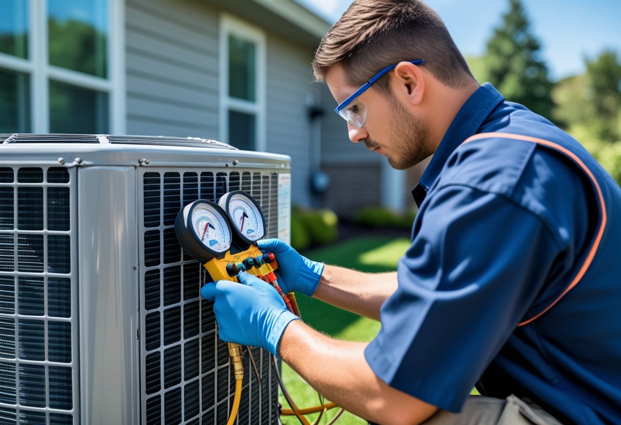 An HVAC technician checking refrigerant levels on an outdoor air conditioning unit using a digital gauge.