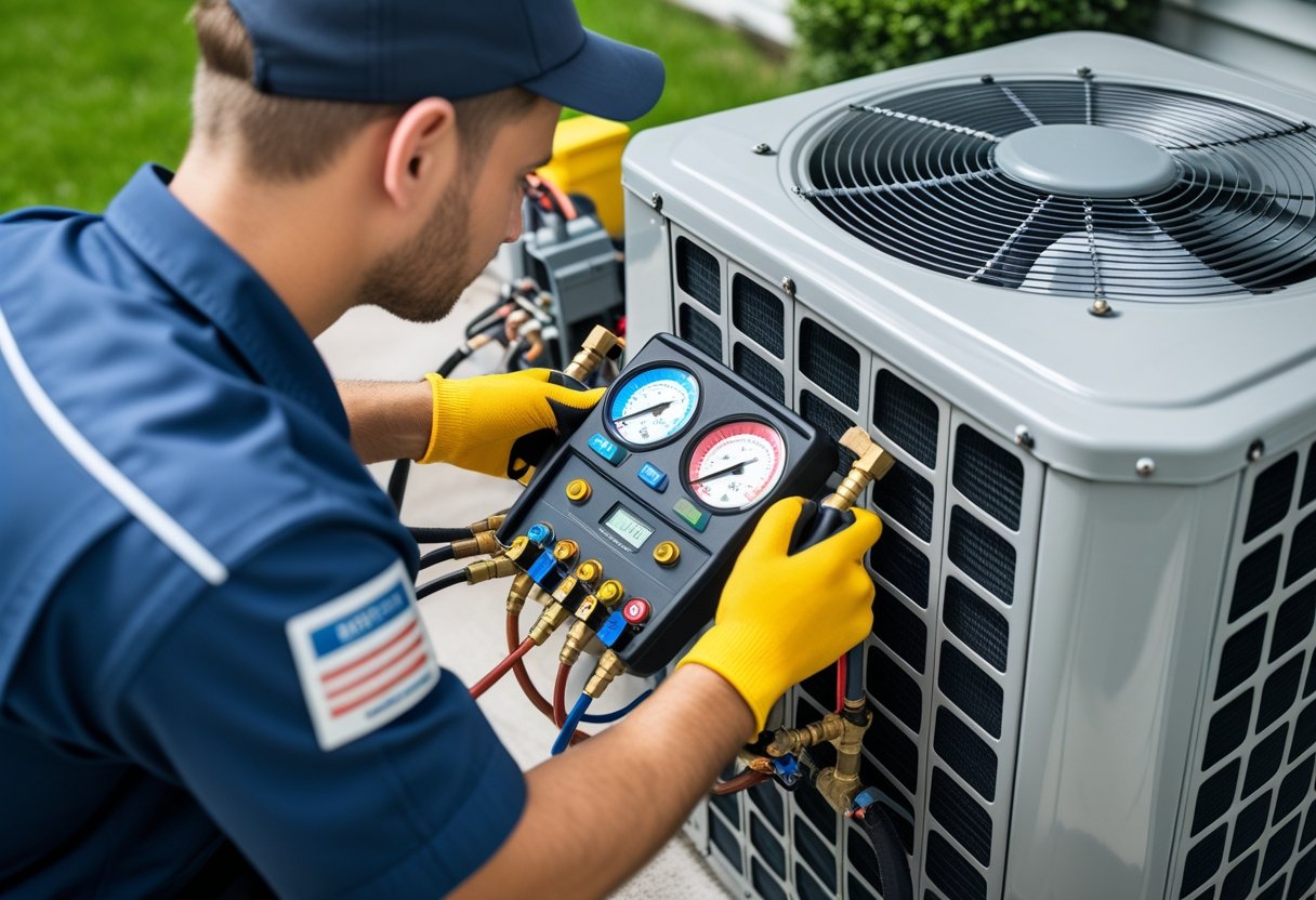 A technician using gauges to check an air conditioning unit outdoors.