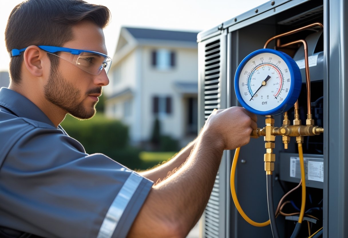 A technician checking refrigerant levels on an air conditioning unit outside a building using a digital gauge.