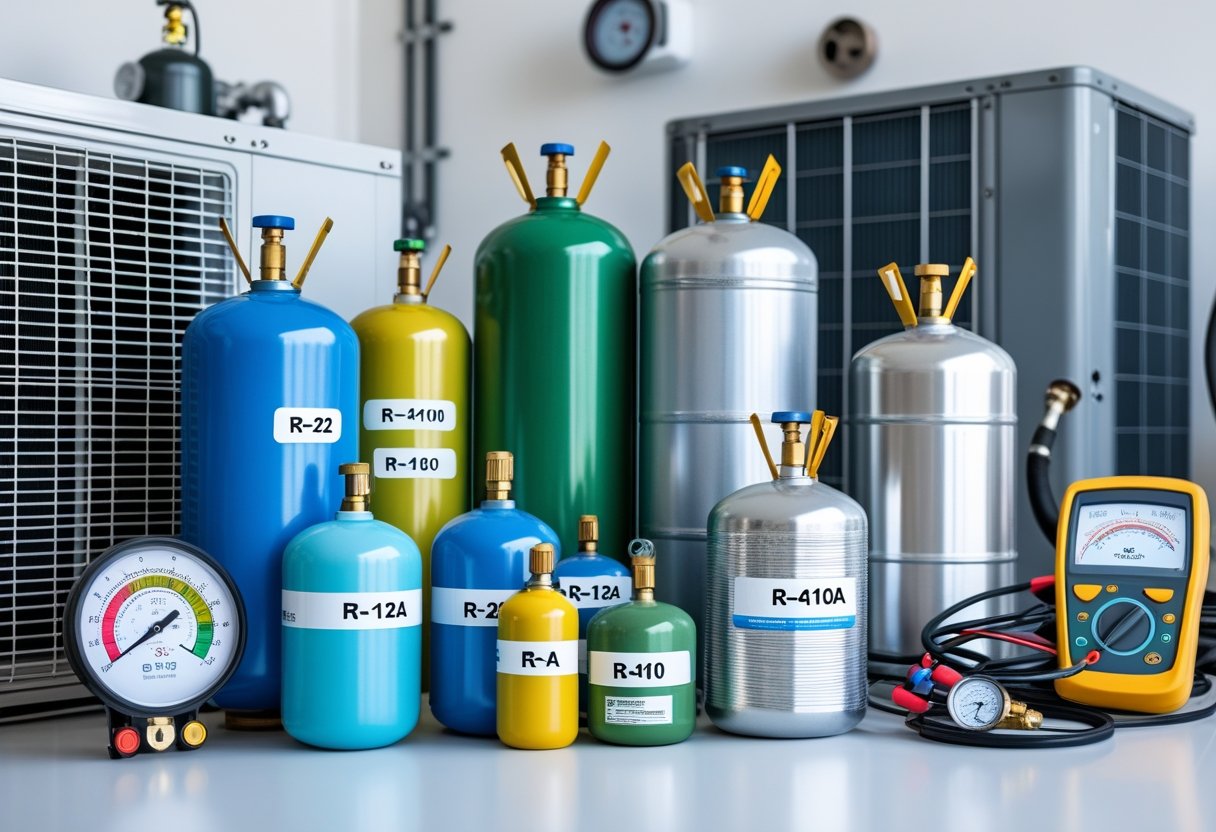 Various refrigerant containers and tools arranged near an air conditioning unit.