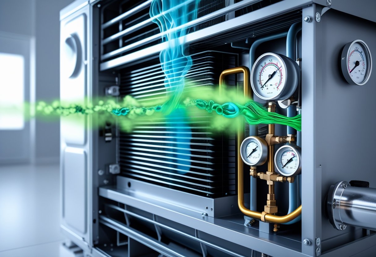 Close-up of an air conditioning unit's internal parts showing colored streams representing refrigerants flowing through coils and pipes.