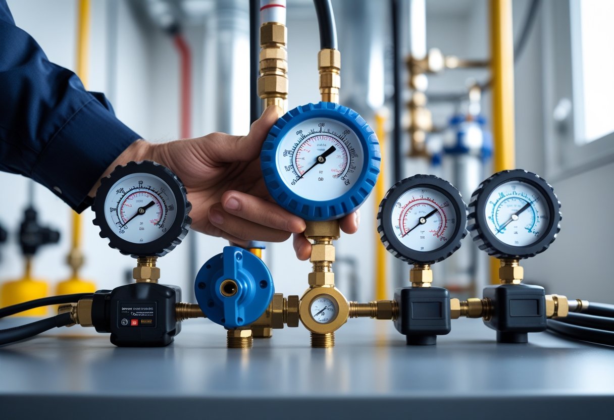Close-up of a technician’s hands holding a digital refrigerant gauge connected to HVAC pipes, with manifold gauges and temperature probes arranged on a workbench in a modern HVAC workspace.