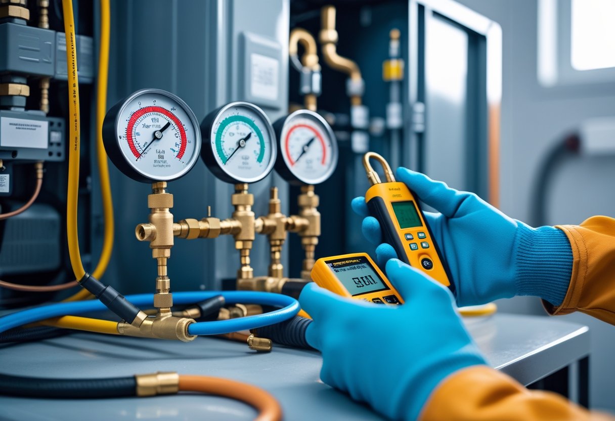 Close-up of essential tools and accessories for measuring refrigerant levels, including a digital gauge manifold, hoses, and a leak detector near an HVAC system.