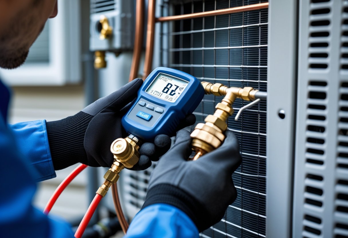 A person wearing gloves uses a digital refrigerant gauge to check an outdoor air conditioning unit.