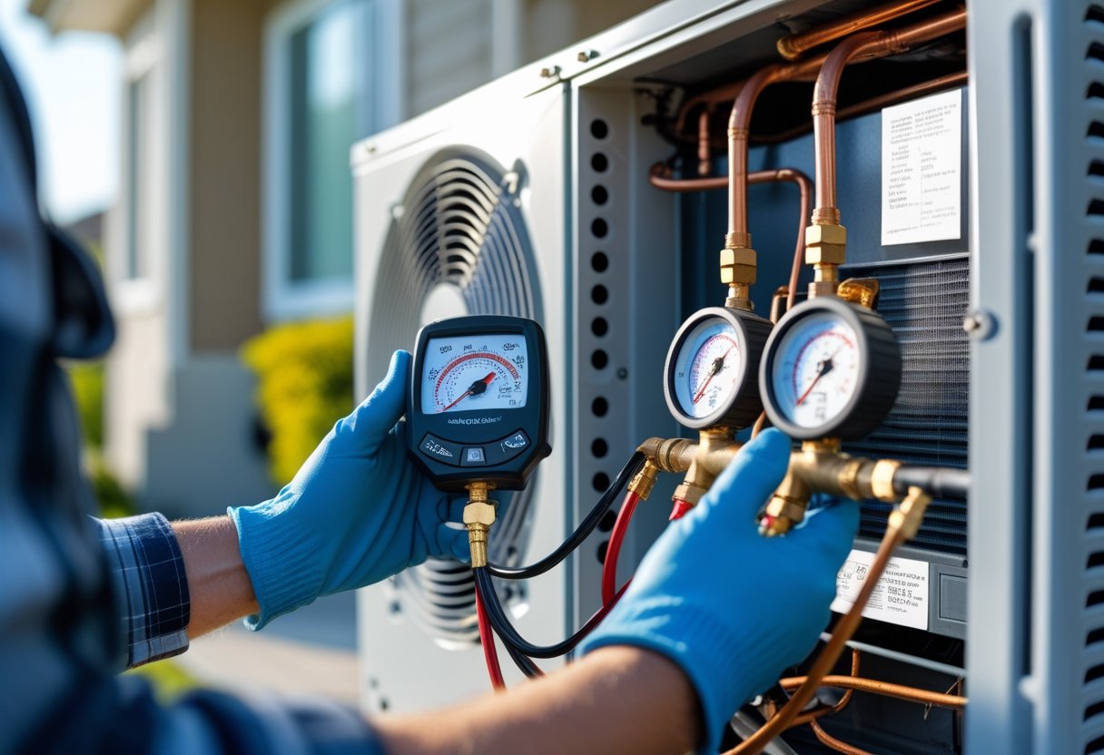 A person wearing gloves uses a digital gauge to check refrigerant levels on an outdoor air conditioning unit.