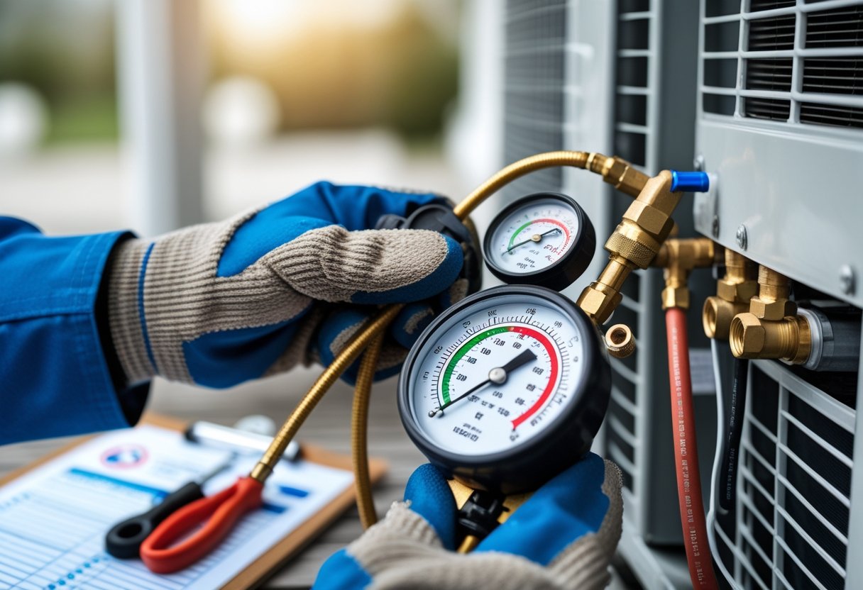 Close-up of a person checking refrigerant levels on an air conditioning unit using a digital gauge and hoses.