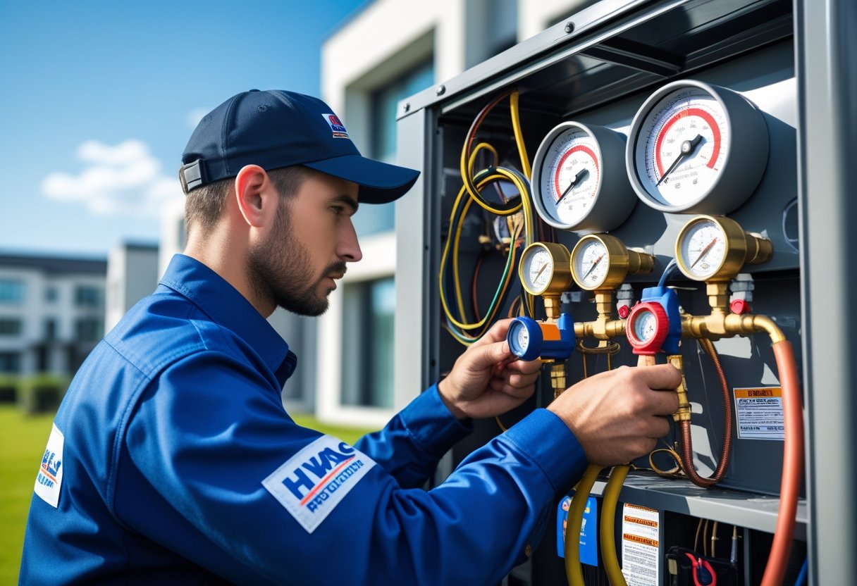 A technician inspecting refrigerant levels on an air conditioning unit outside a house.