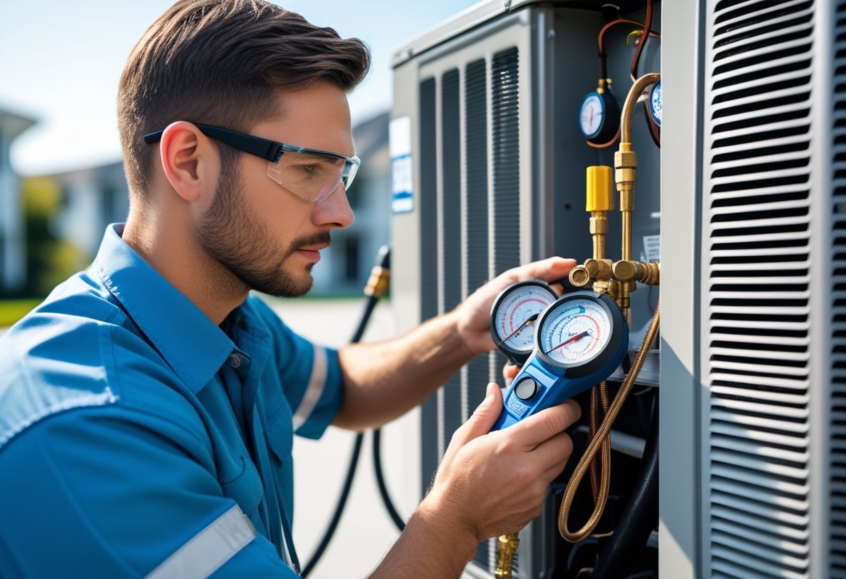 A technician in a uniform inspects refrigerant levels on an air conditioning unit using a digital gauge outdoors.