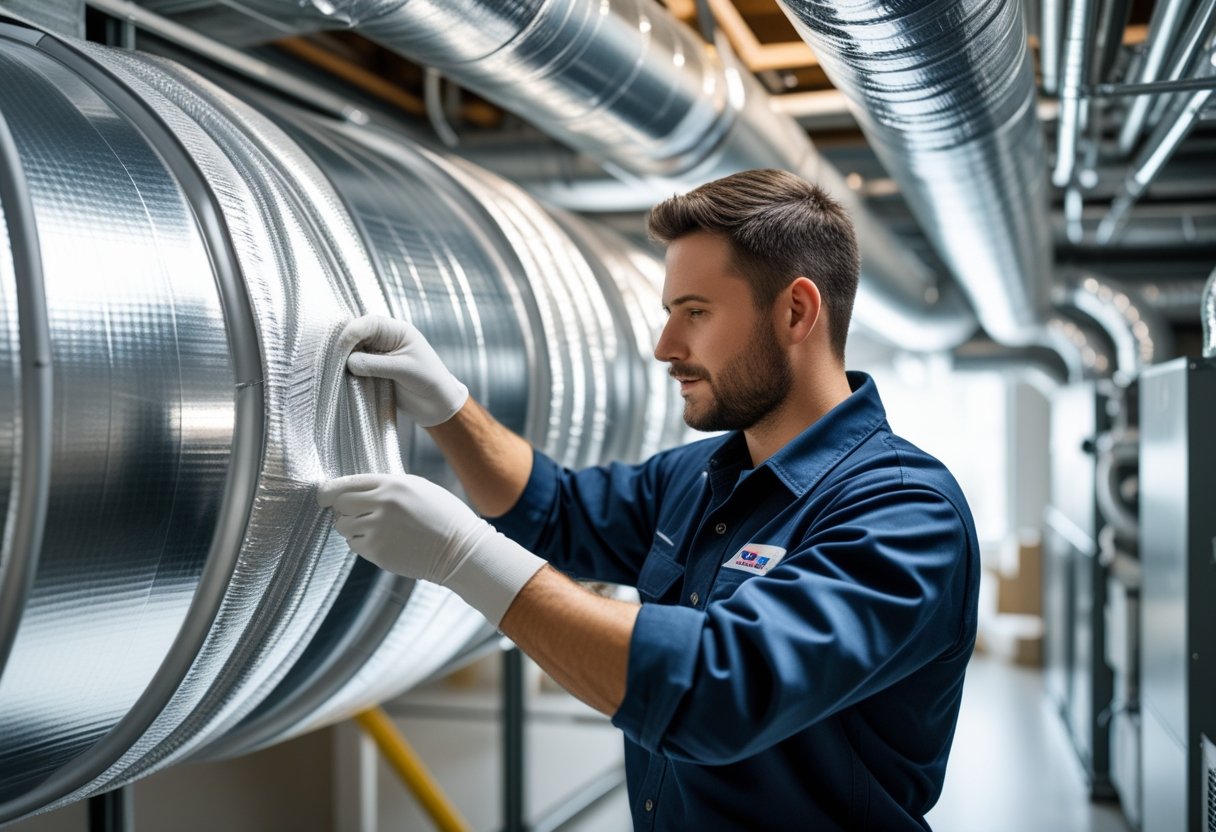 A technician sealing metal air ducts with duct tape in a mechanical room.