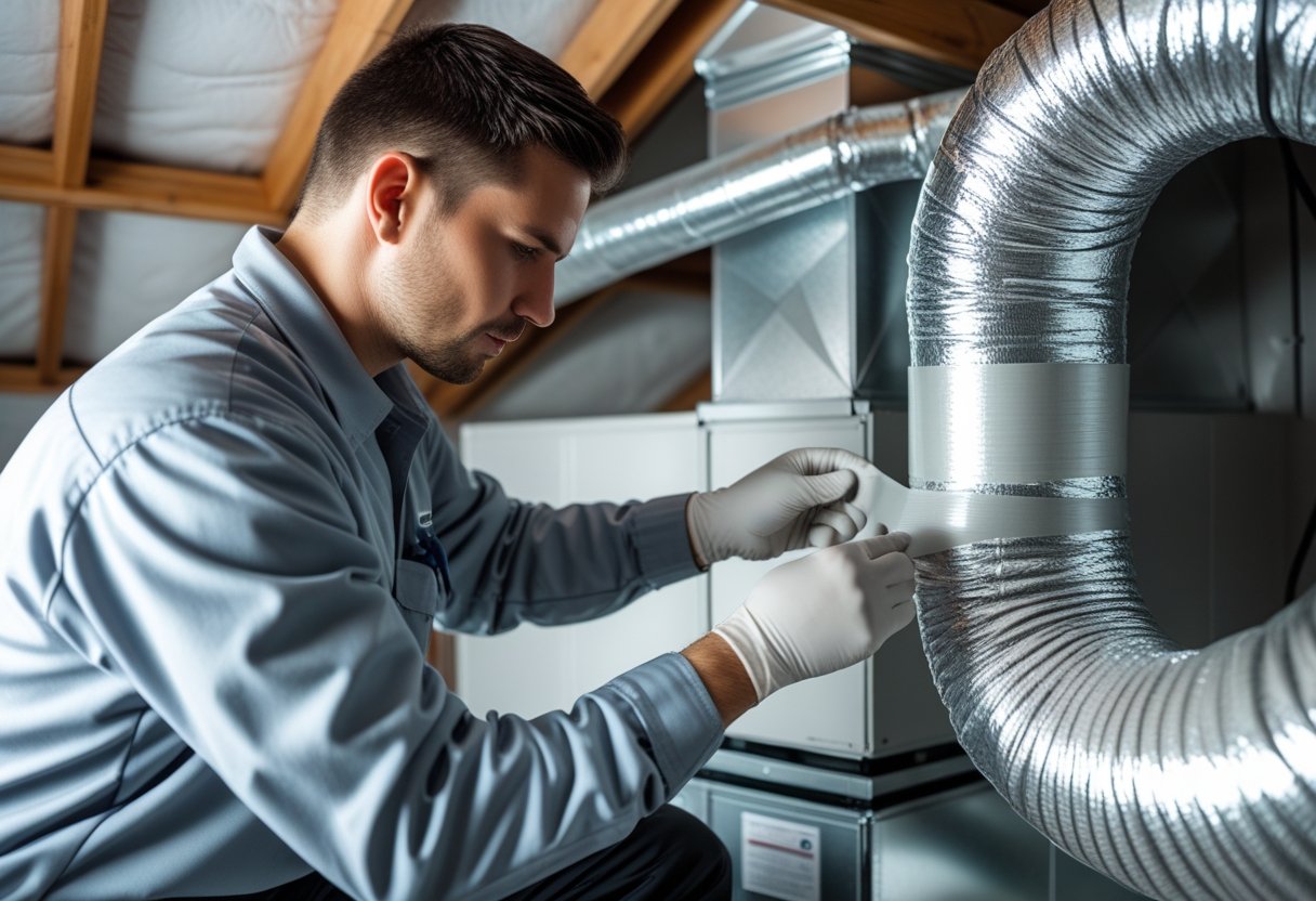 HVAC technician sealing metal ductwork inside a home attic to improve air conditioning performance.