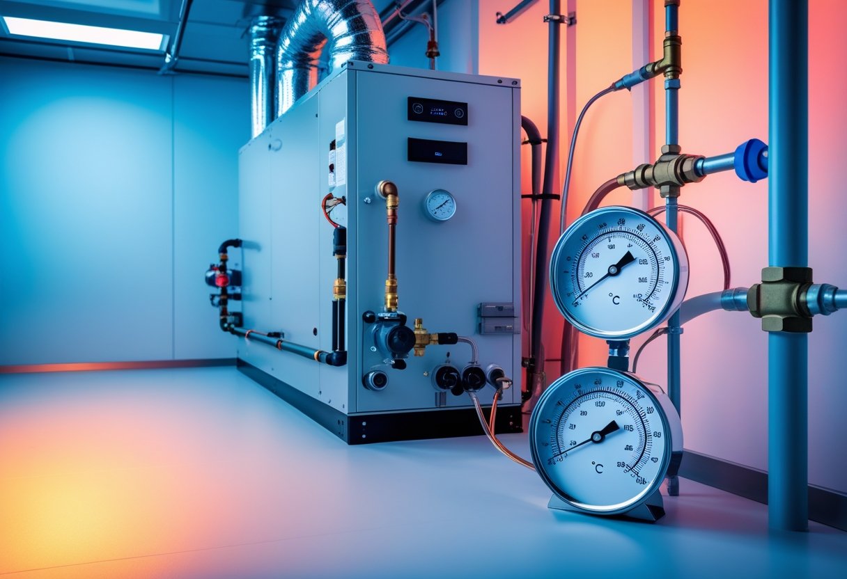 Close-up of HVAC equipment with temperature and pressure gauges showing changes, set against a background transitioning from cool blue to warm orange tones.