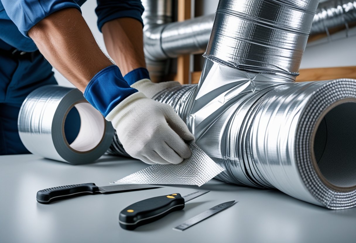 Hands wearing gloves sealing a metal HVAC duct joint with duct tape in a clean work environment.