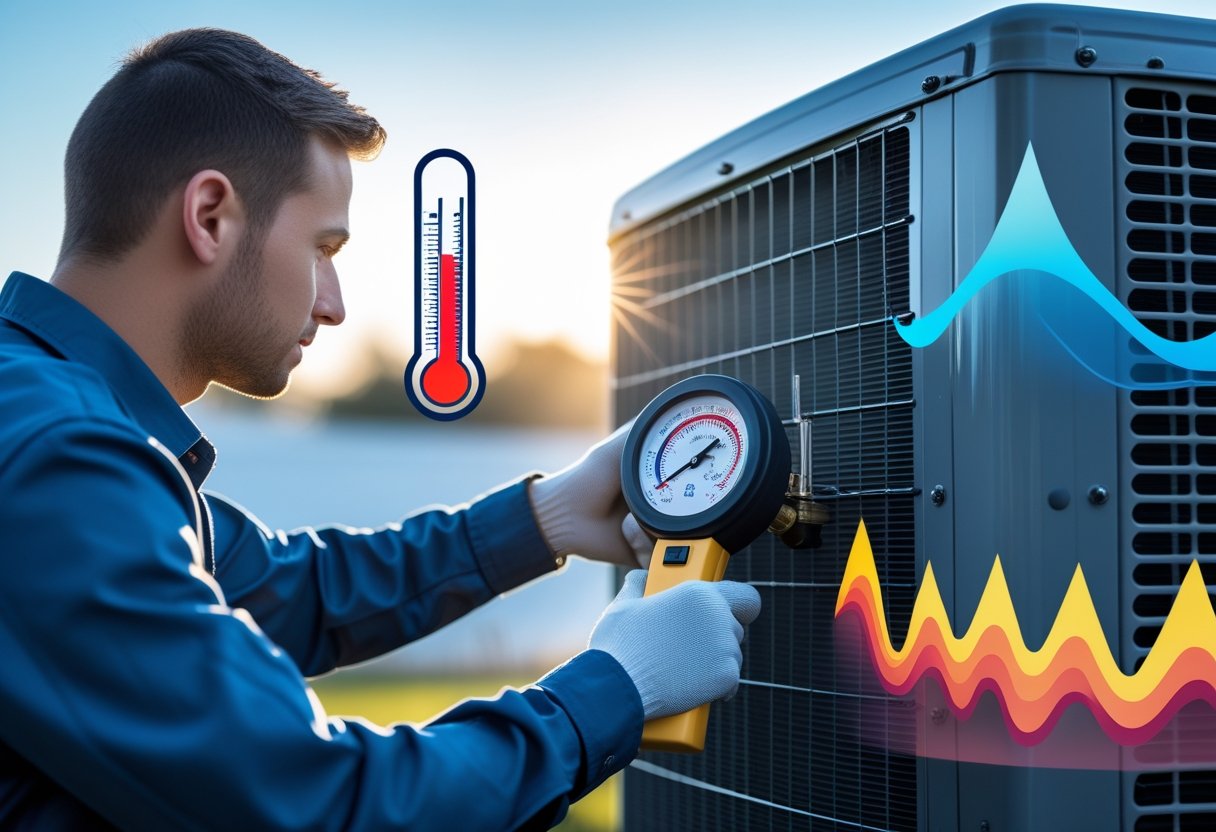 HVAC technician measuring refrigerant levels on an air conditioning unit outdoors with temperature symbols around.