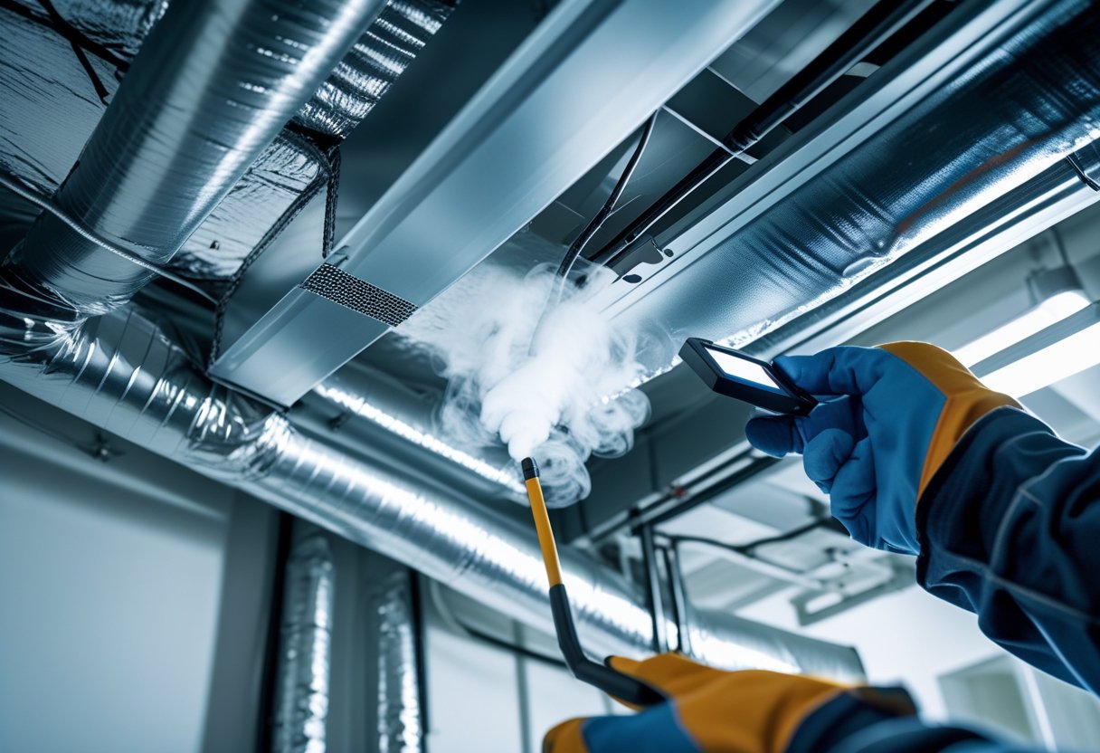 Close-up of metal HVAC ductwork with a visible leak and a technician inspecting it in a mechanical room.