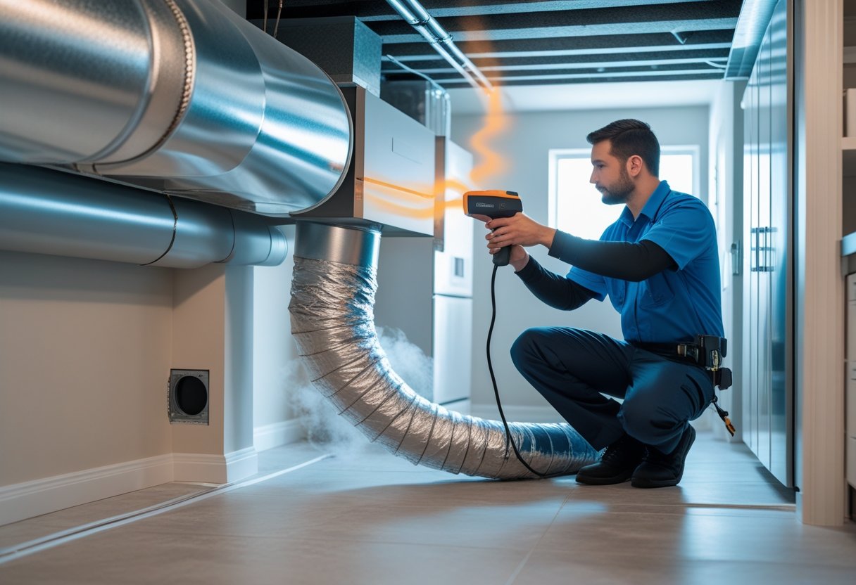 A technician inspecting leaking ductwork in a basement utility room with a thermal camera, showing air escaping from the ducts.