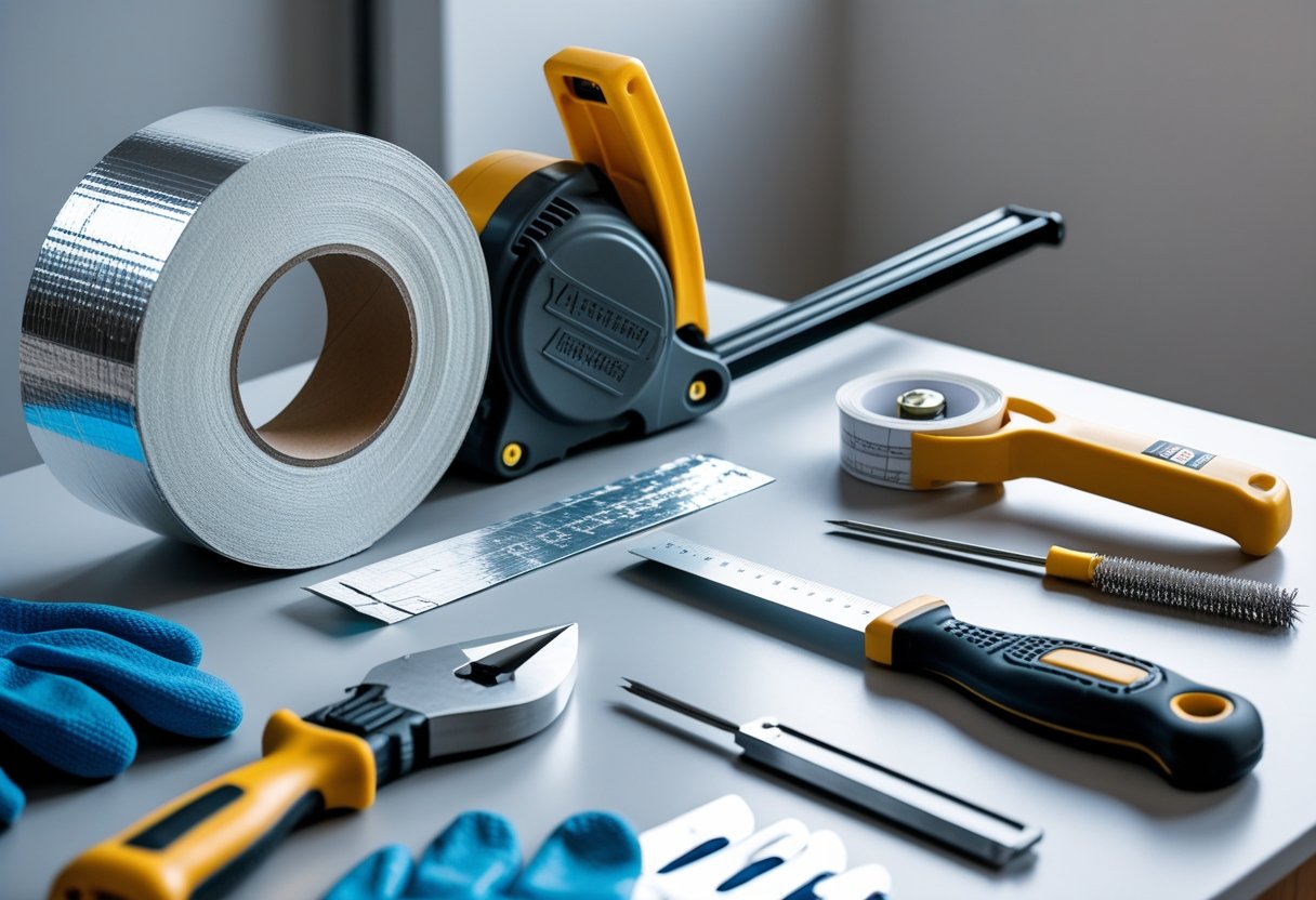 A collection of tools for ductwork leak sealing projects arranged on a workbench, including aluminum foil tape, caulking gun, utility knife, tape measure, gloves, screwdriver, and wire brush.