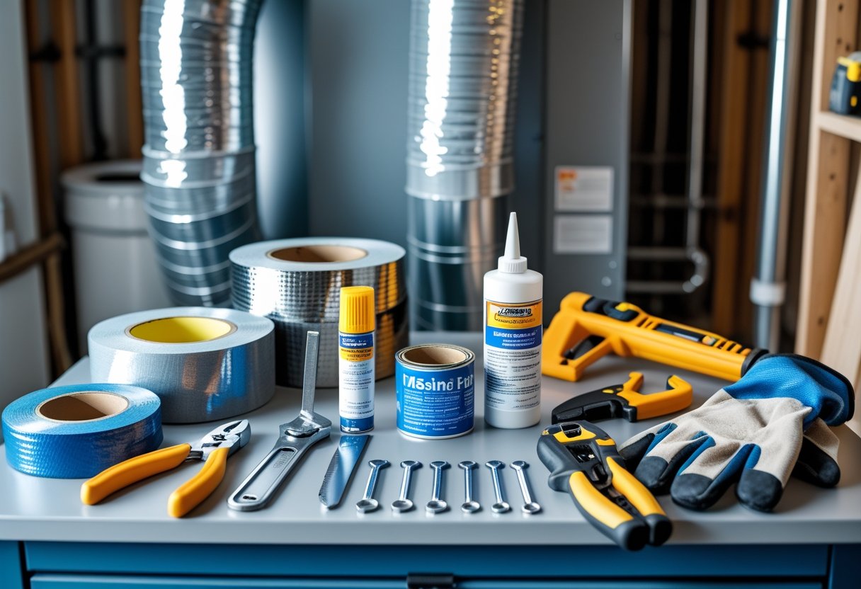 A workbench with various tools for ductwork leak sealing including tape, sealant, caulking gun, utility knife, wrenches, screwdriver set, and work gloves, with duct pipes in the background.