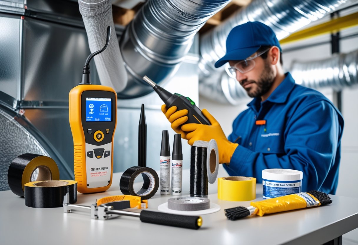 Close-up of specialized tools and a technician inspecting metal ductwork for air leaks in an industrial workspace.
