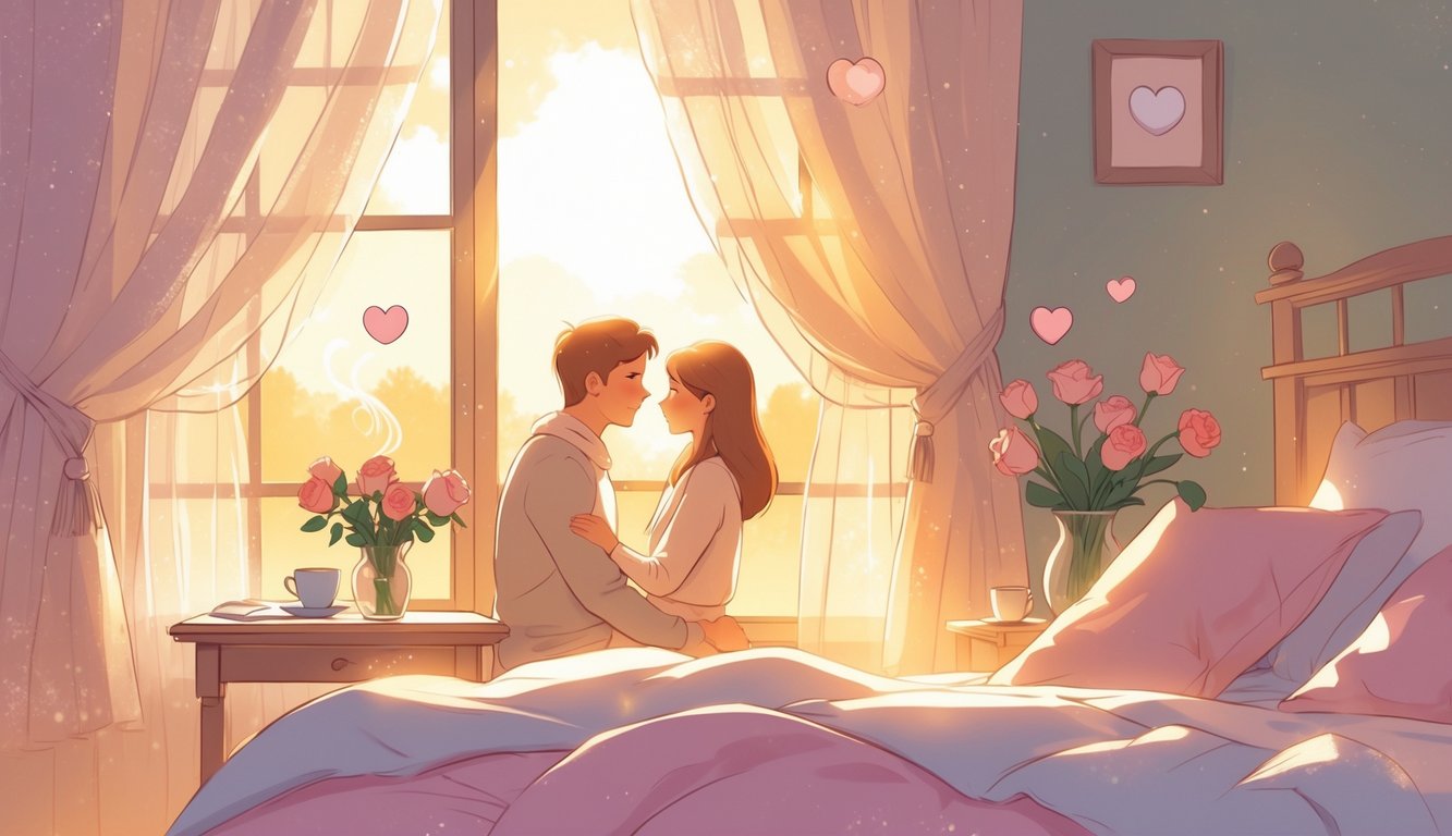 Par u toploj sobi ujutro, sunca prolazi kroz prozor, na stolu šalica s toplim napitkom i vaza s cvijećem.