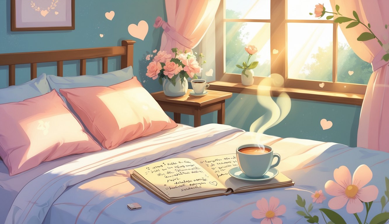 Udobna spavaća soba ujutro s otvorenom bilježnicom, šalicom toplog napitka i cvijećem na noćnom ormariću.