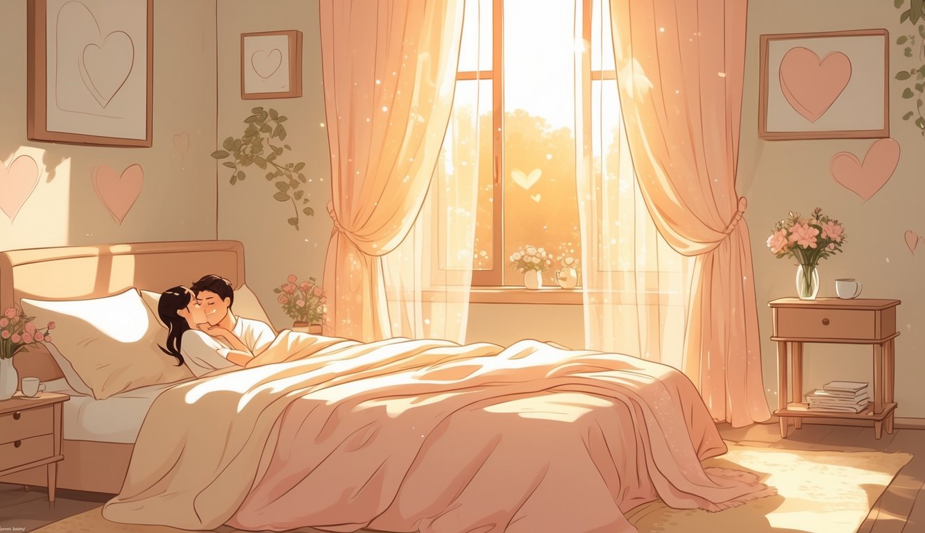 Par ujutro zajedno u sunčanoj sobi, okružen cvijećem i toplim bojama.