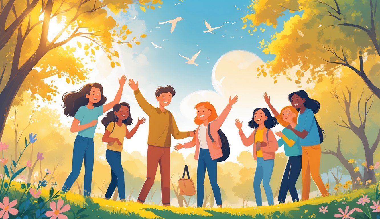 Grupa prijatelja u parku ujutro, nasmiješeni i u veseloj atmosferi, okruženi prirodom i jutarnjim suncem.