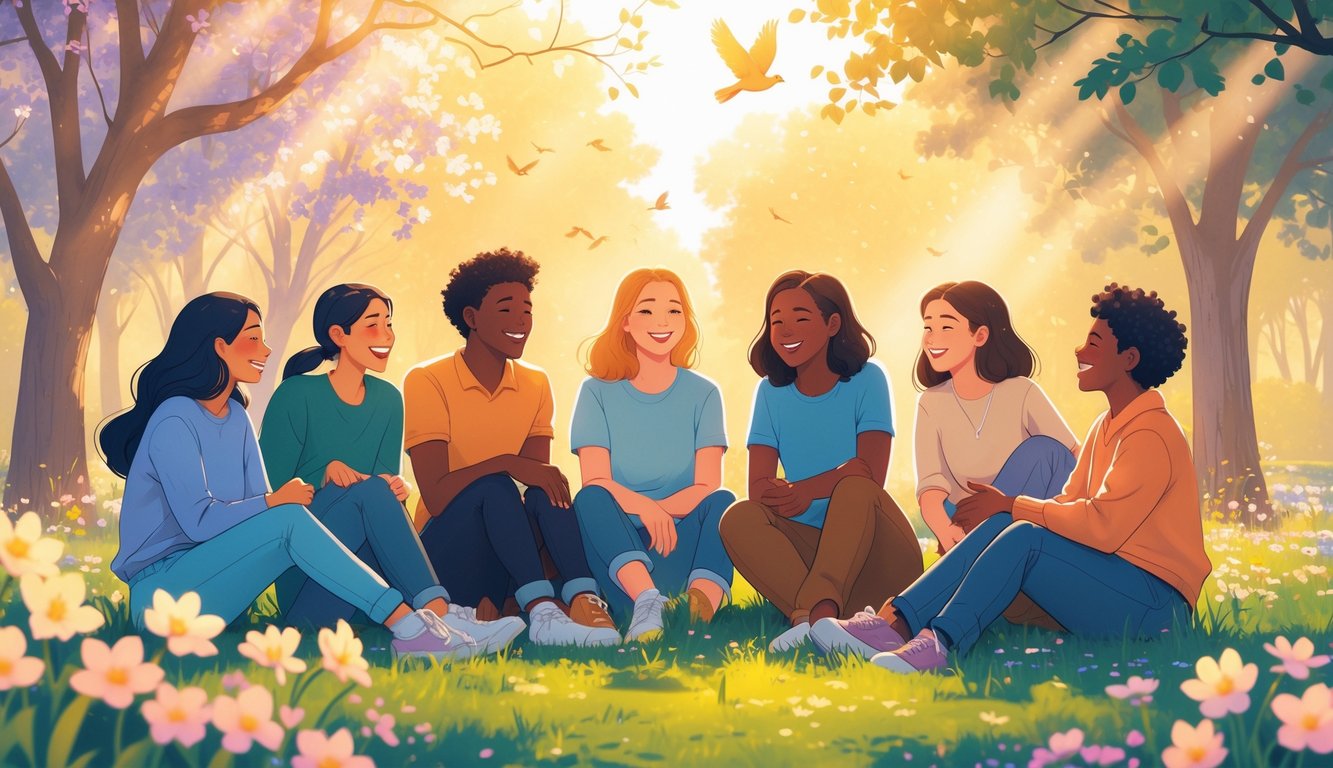 Grupa prijatelja u parku ujutro, nasmiješeni i razgovaraju okruženi cvijećem i sunčevom svjetlošću.