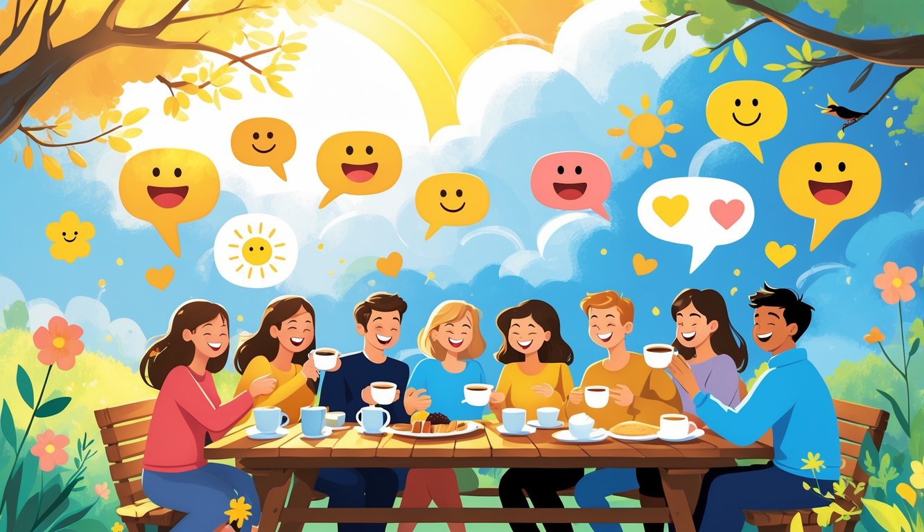 Skupina prijatelja uživa u jutarnjem doručku na otvorenom dok izlazi sunce, okruženi cvijećem i pticama.