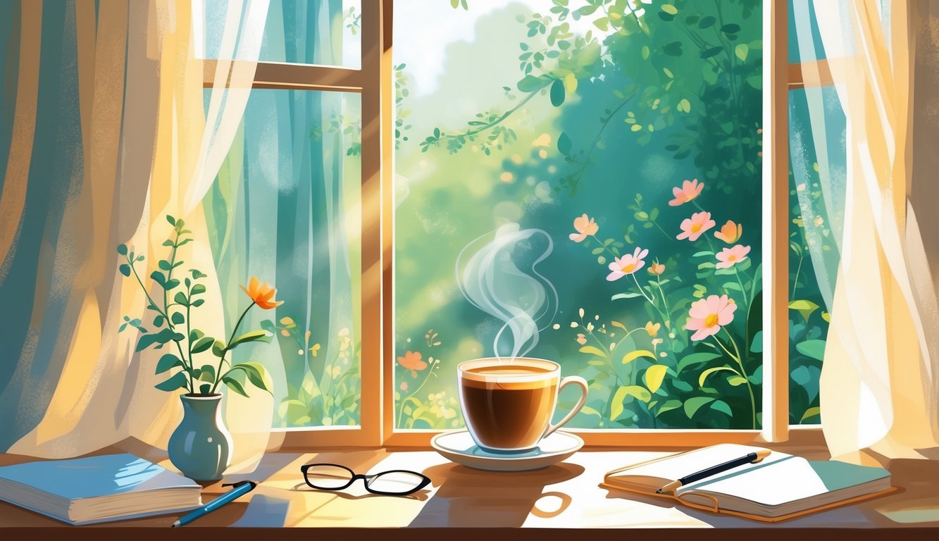 Šalica kave na drvenom stolu kraj prozora s pogledom na vrt s cvijećem i zelenilom.