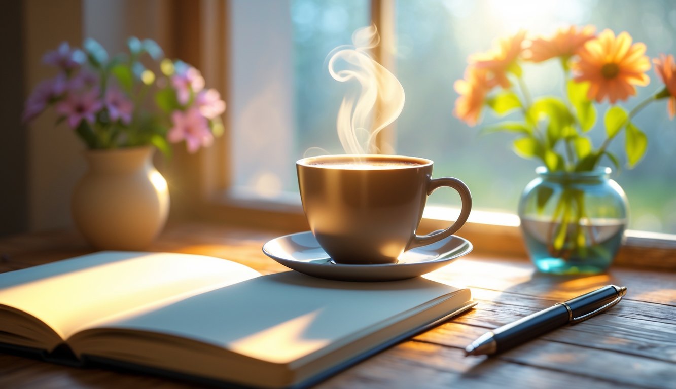 Šalica kave na drvenom stolu uz otvoreni notes i olovku, s cvijećem u vazi i sunčevom svjetlošću koja prolazi kroz prozor.