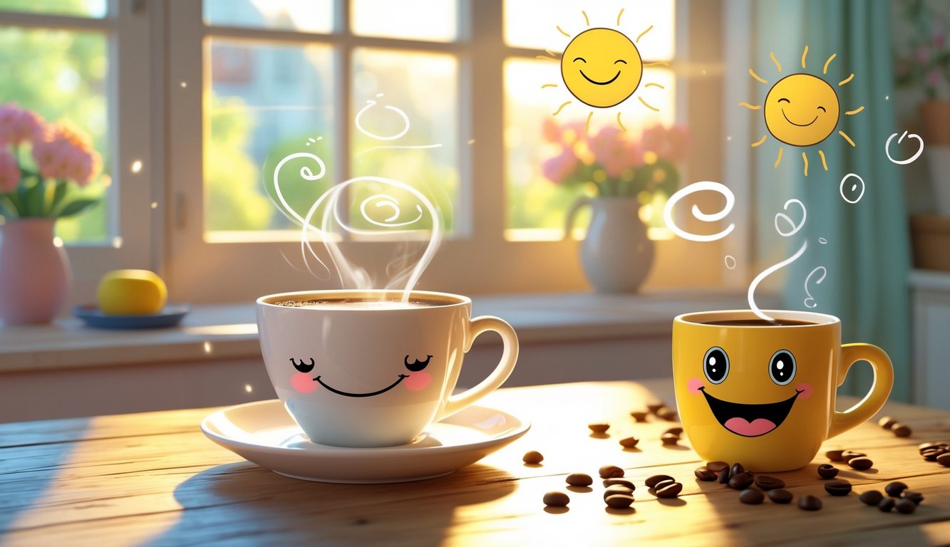 Šalica kave na drvenom stolu kraj prozora s jutarnjim suncem i veselim detaljima poput smiješnog sunca i kave s osmijehom.