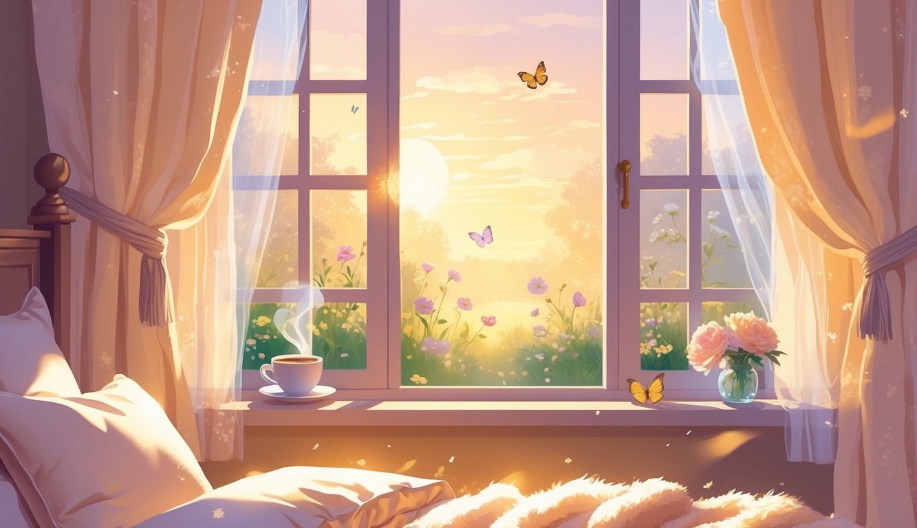 Soba ujutro s krevetom, stolom sa šoljom toplog napitka i cvijećem, suncem koje ulazi kroz prozor i vrtom s cvijećem izvan.