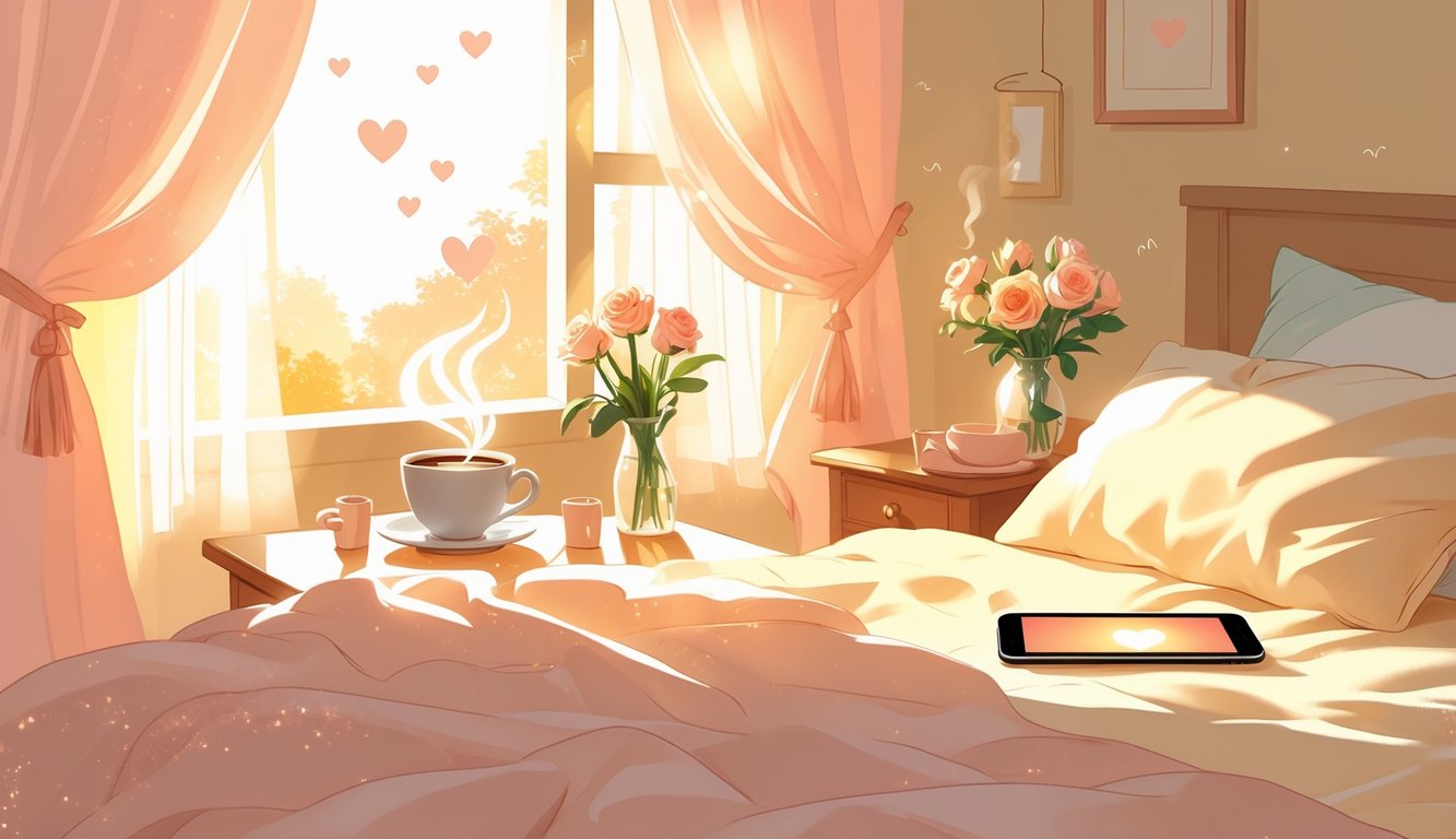 Udobna spavaća soba ujutro s toplim sunčevim zrakama, šoljom kafe na noćnom ormariću, svježim cvijećem i telefonom na krevetu.