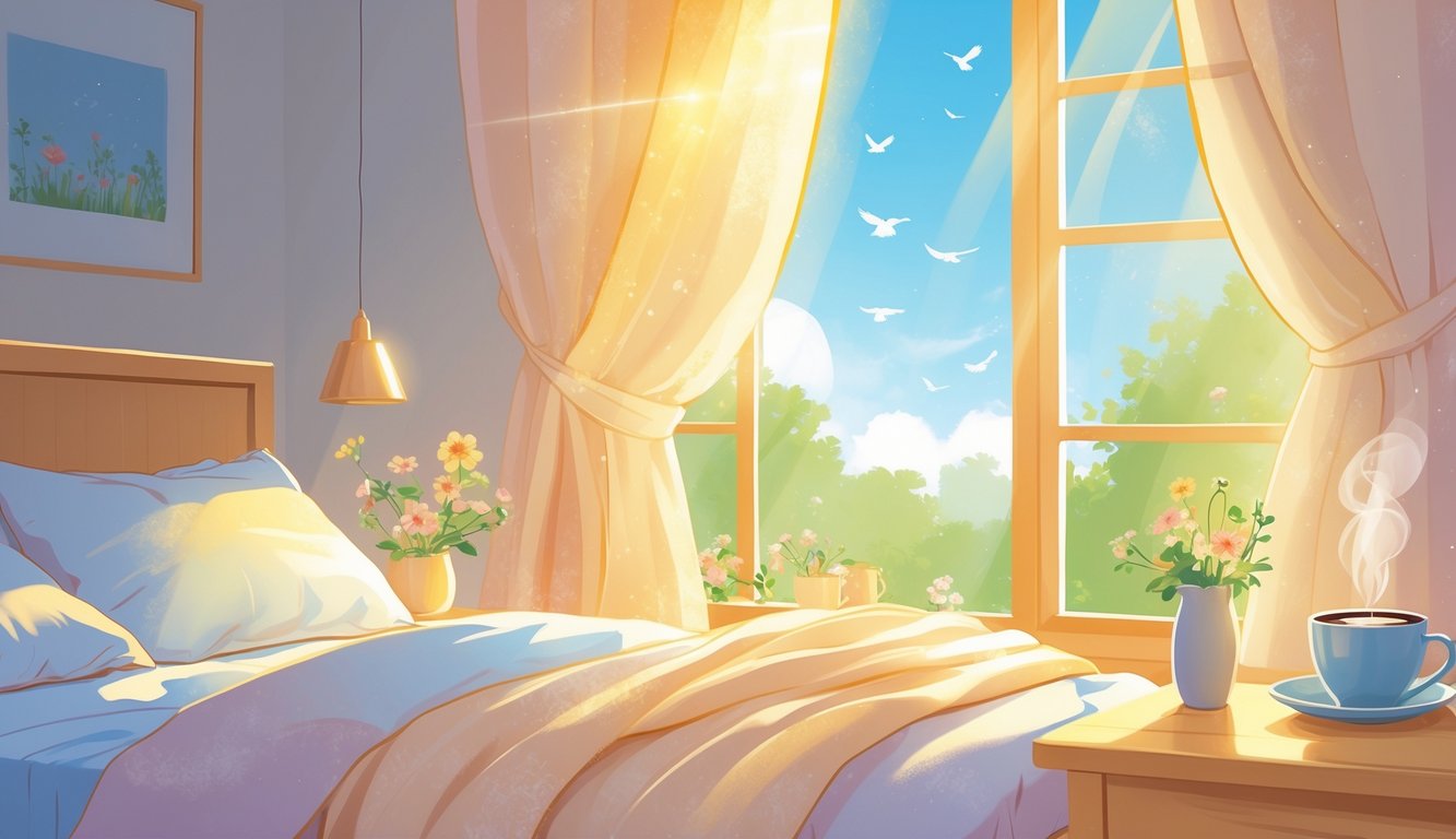 Sunčani jutarnji prizor sobe s krevetom, stolom sa šalicom toplog napitka i pogledom na plavo nebo i ptice.