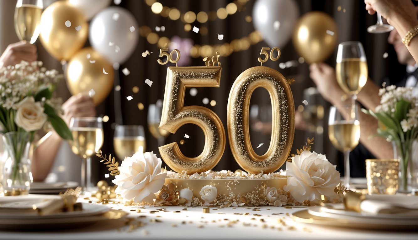 Scena proslave 50. rođendana s velikim zlatnim brojem 50 na stolu, ukrašenim balonima, cvijećem i konfetama, uz goste koji nazdravljaju u pozadini.