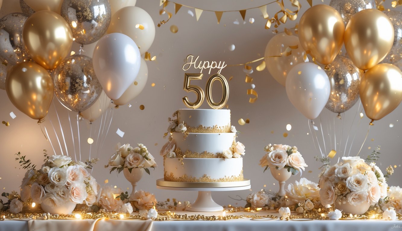 Scena proslave 50. rođendana s tortom, balonima i ukrasima.