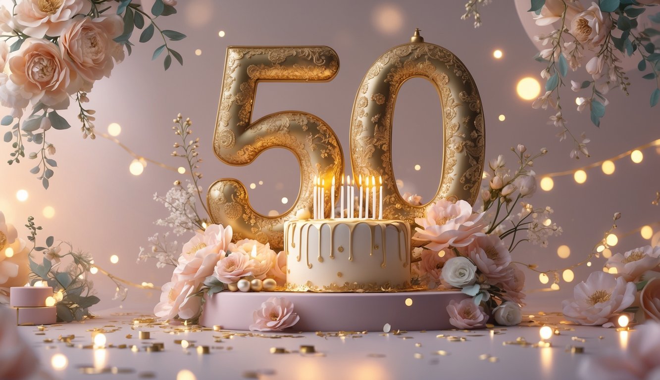 Proslava 50. rođendana s ukrašenim brojem 50, tortom i svjetlima u toploj atmosferi.