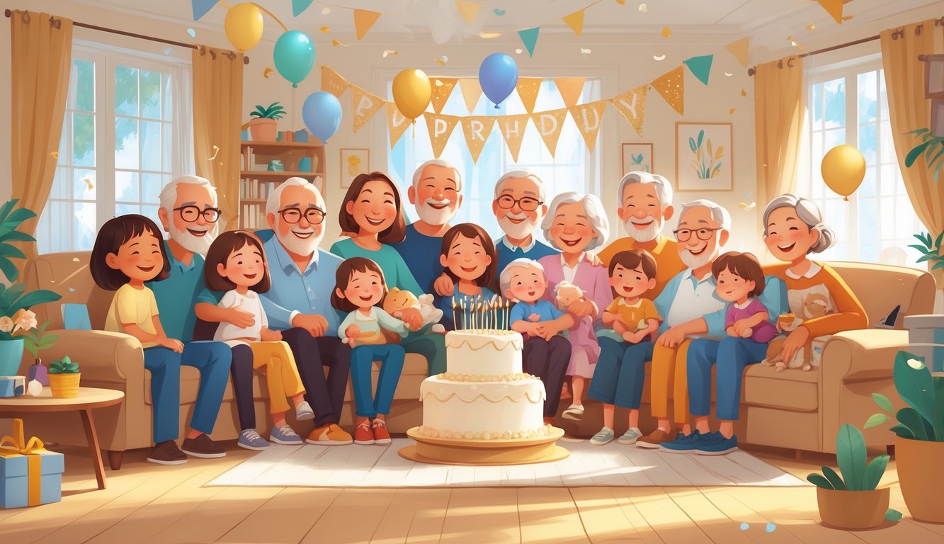 Obitelj okupljena u dnevnoj sobi slavi 50. rođendan s tortom i ukrasima.