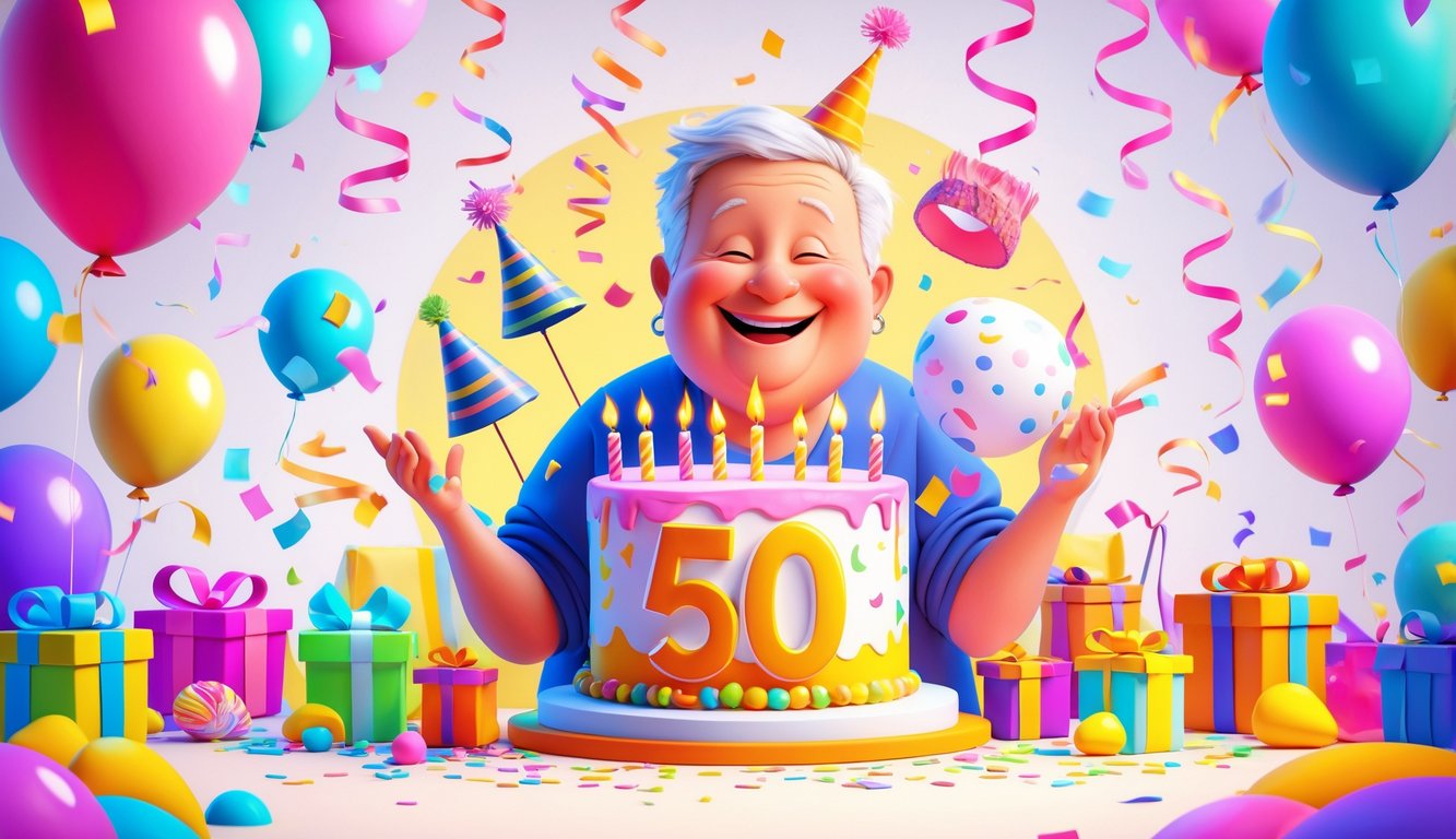 Osoba srednjih godina okružena šarenim balonima i konfetama drži rođendansku tortu s brojem 50, okružena zabavnim ukrasima i darovima.