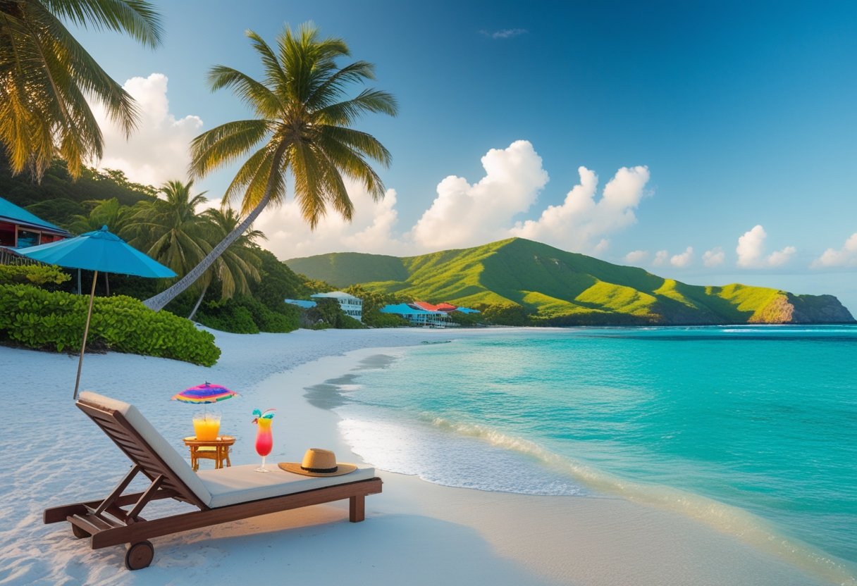 A peaceful tropical beach in Antigua with clear blue water, white sand, palm trees, and a lounge chair with a sun hat and drink facing the ocean.