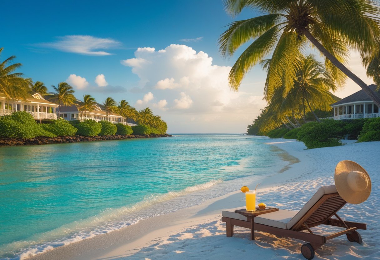 A tranquil beach in Antigua with turquoise water, white sand, palm trees, a lounge chair with a sun hat and drink, and seaside villas in the background.