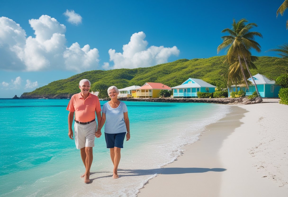 An older couple walking hand-in-hand along a sunny beach in Antigua with turquoise water, palm trees, and colorful houses in the background.
