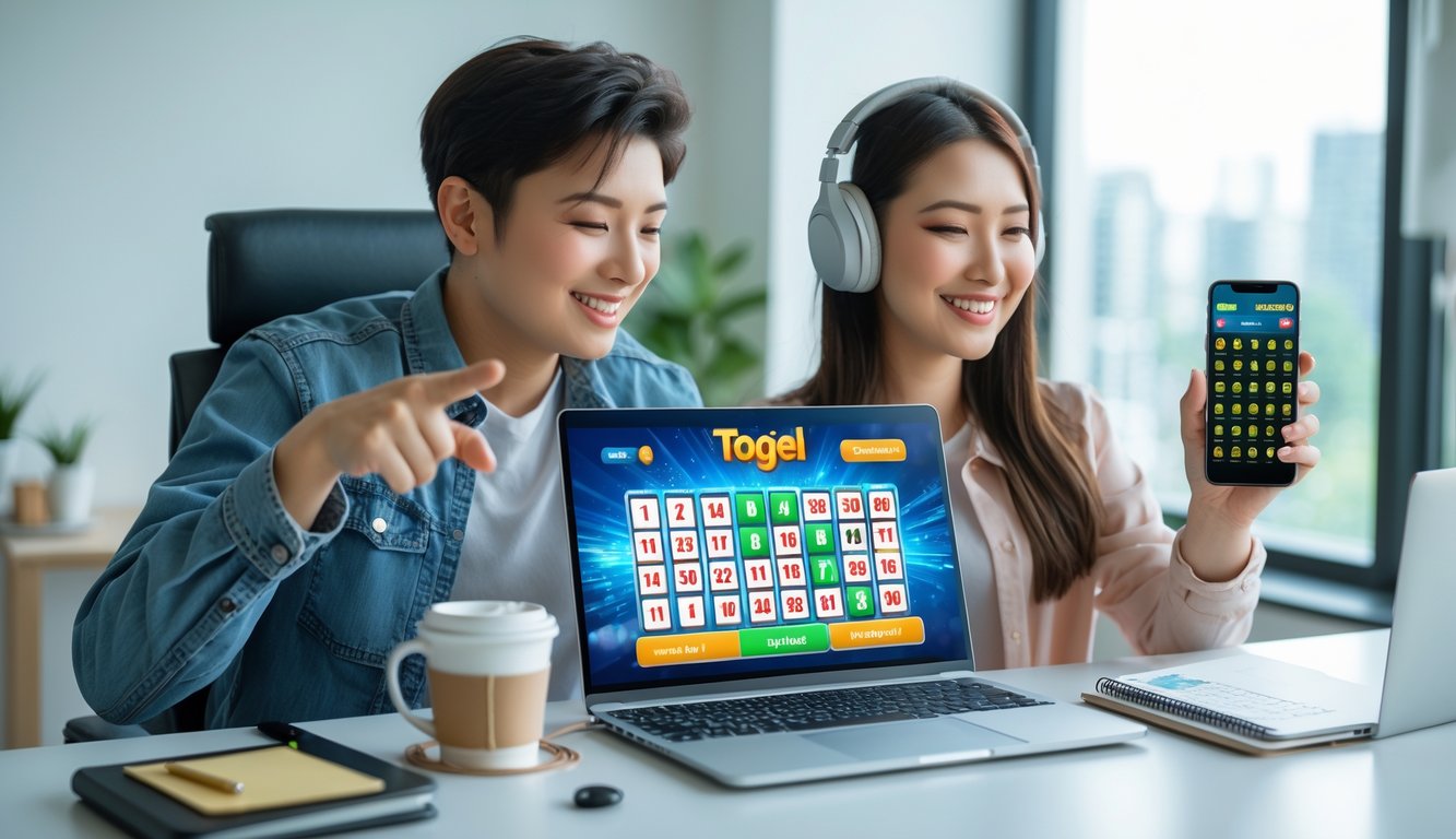 Dua orang muda duduk di depan laptop dan ponsel, terlihat fokus dan senang bermain togel online di sebuah ruangan yang terang.