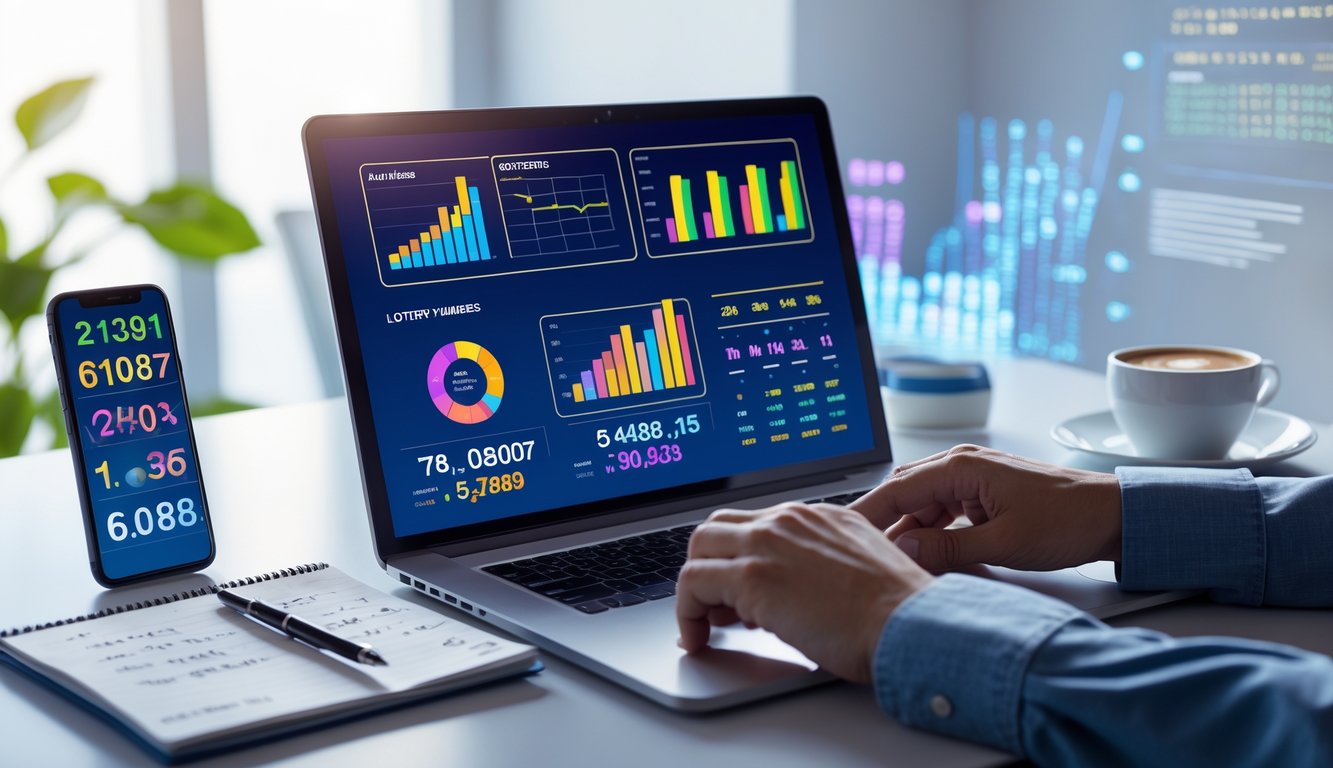 Seorang pria menggunakan laptop di meja kerja dengan grafik dan data statistik yang terlihat di layar, dikelilingi oleh ponsel dan catatan, menggambarkan aktivitas analisis lotere online.