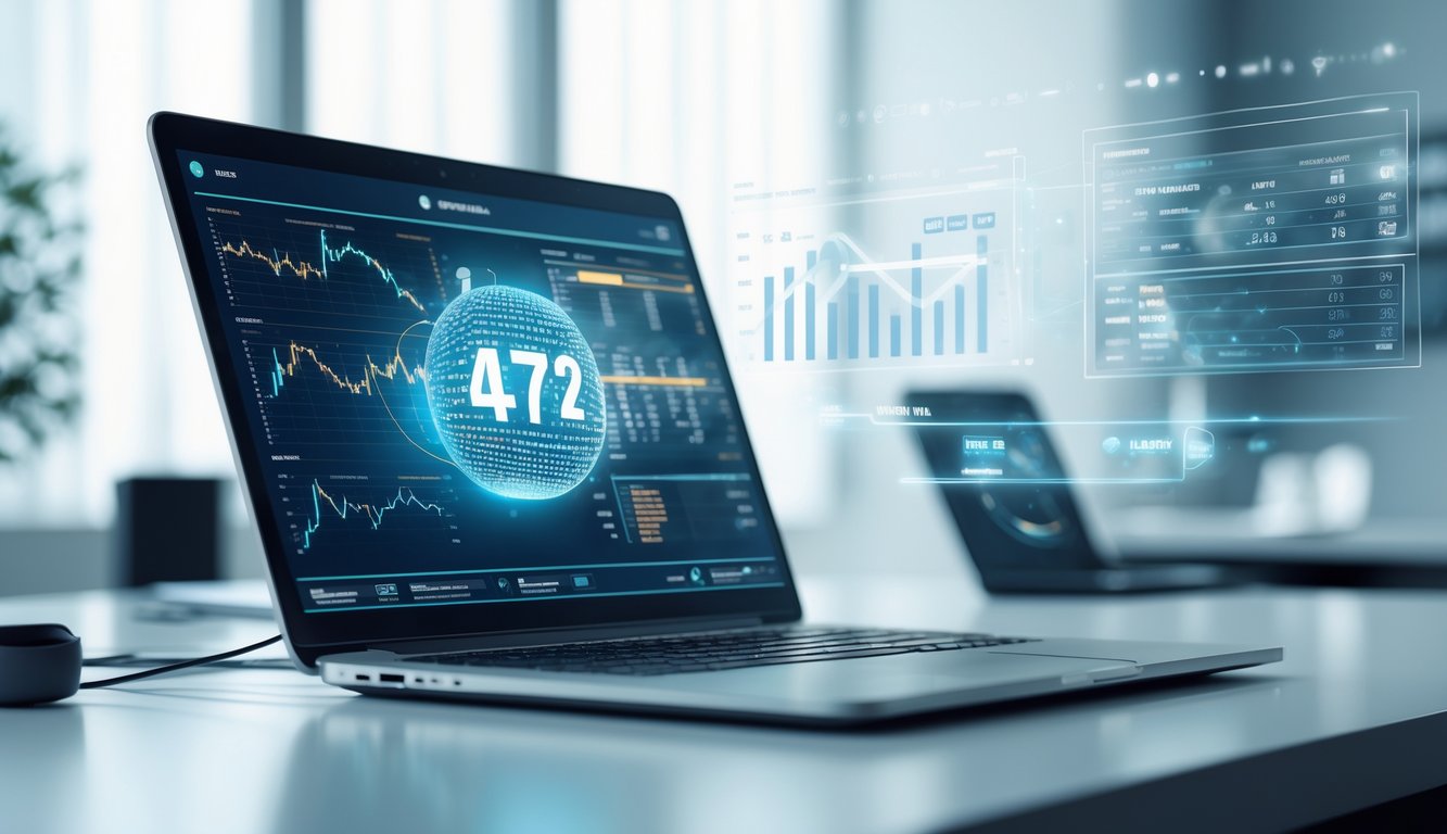 Seorang profesional menggunakan laptop dengan grafik dan angka yang menampilkan hasil cepat dan prediksi akurat dalam suasana kerja modern.